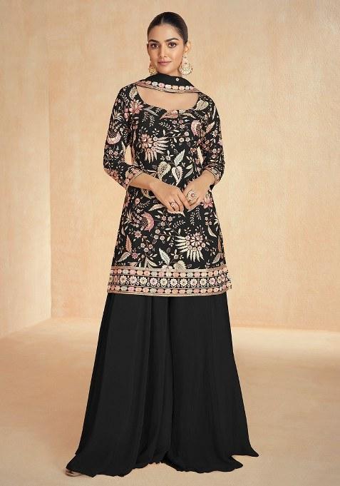 Black Embroidered Chinon Sharara Set