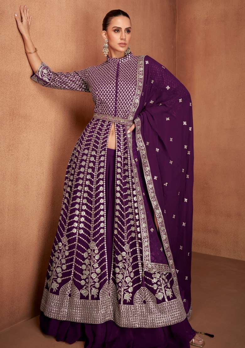 Purple Embroidered Georgette Anarkali Set - Indya