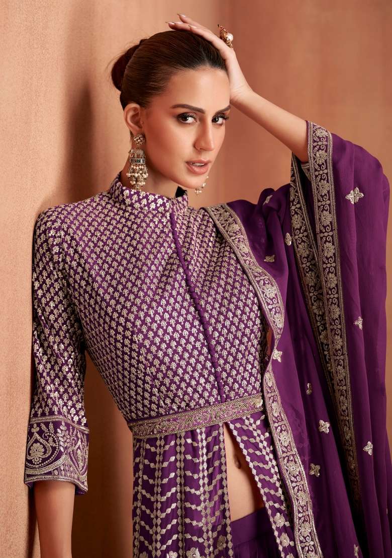 Purple Embroidered Georgette Anarkali Set - Indya