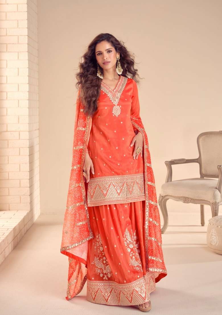 Orange Embroidered Chinon Sharara Set - Indya