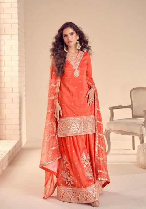Orange Embroidery Chinon Salwar Kameez