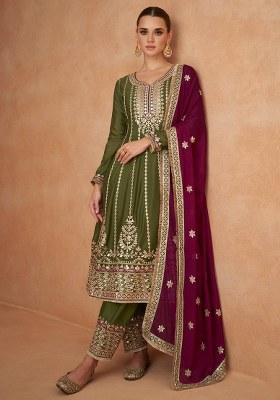 Mehendi Embroidered Chinon Straight Kurta Set
