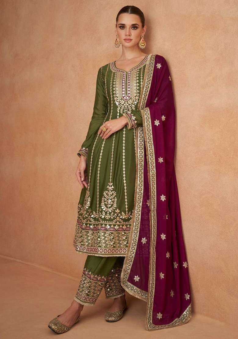 Mehendi Embroidered Chinon Straight Kurta Set - Indya