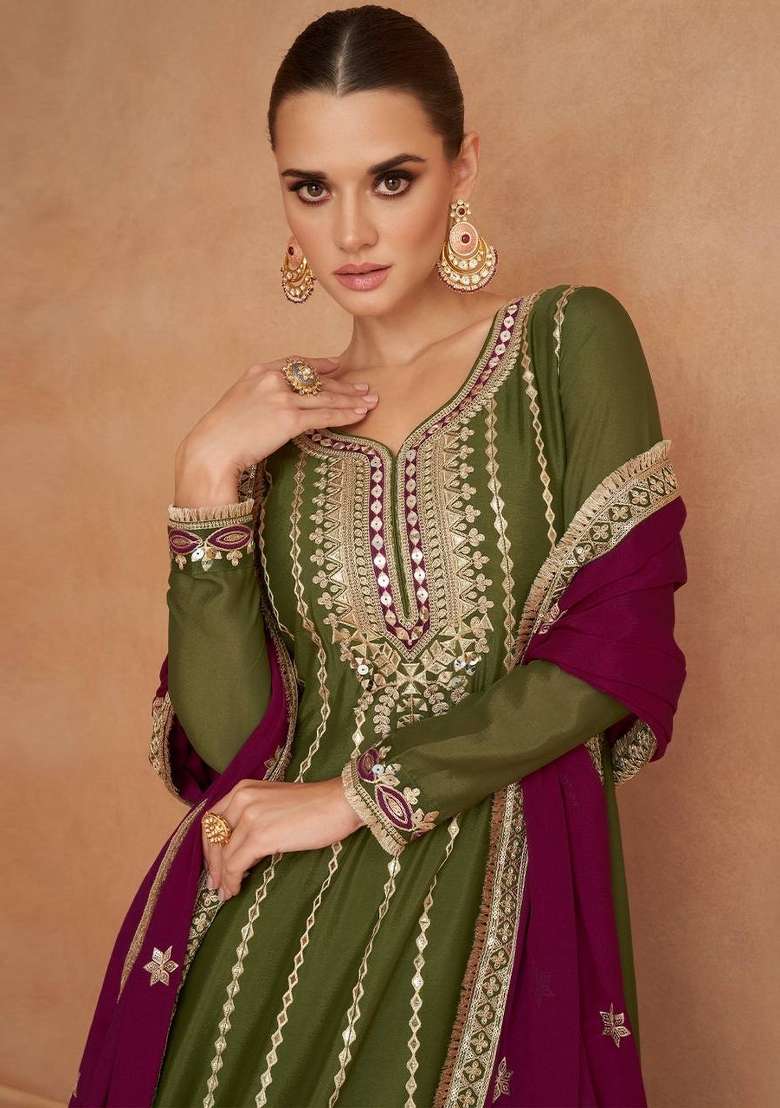 Mehendi Embroidered Chinon Straight Kurta Set - Indya