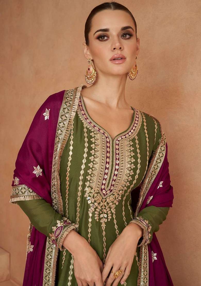 Mehendi Embroidered Chinon Straight Kurta Set - Indya