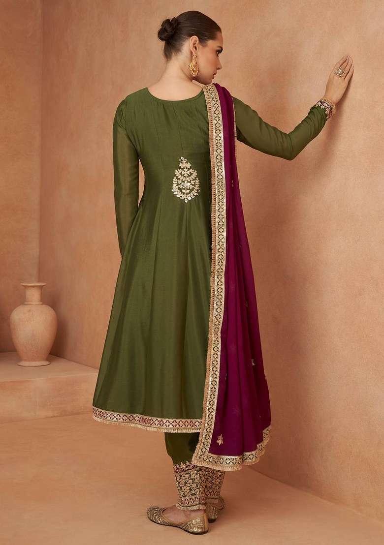 Mehendi Embroidered Chinon Straight Kurta Set - Indya