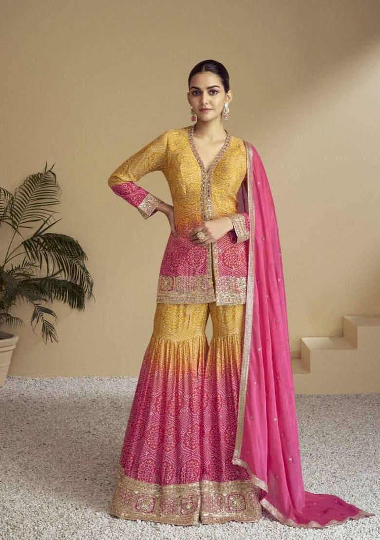 Multicolor Embroidered Chinon Sharara Set - Indya