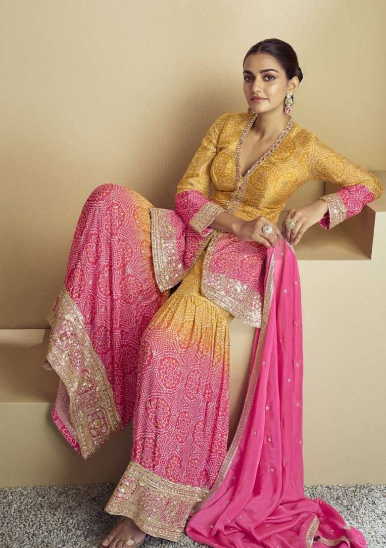 Multicolor Embroidered Chinon Sharara Set - Indya