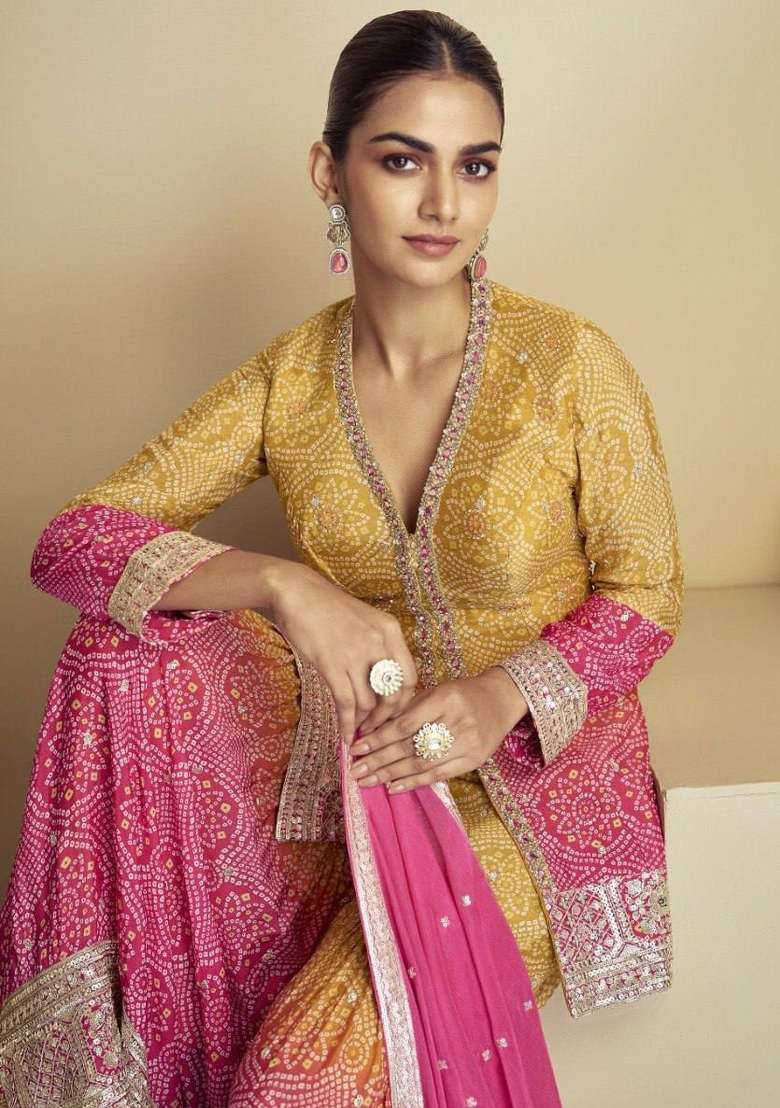 Multicolor Embroidered Chinon Sharara Set - Indya
