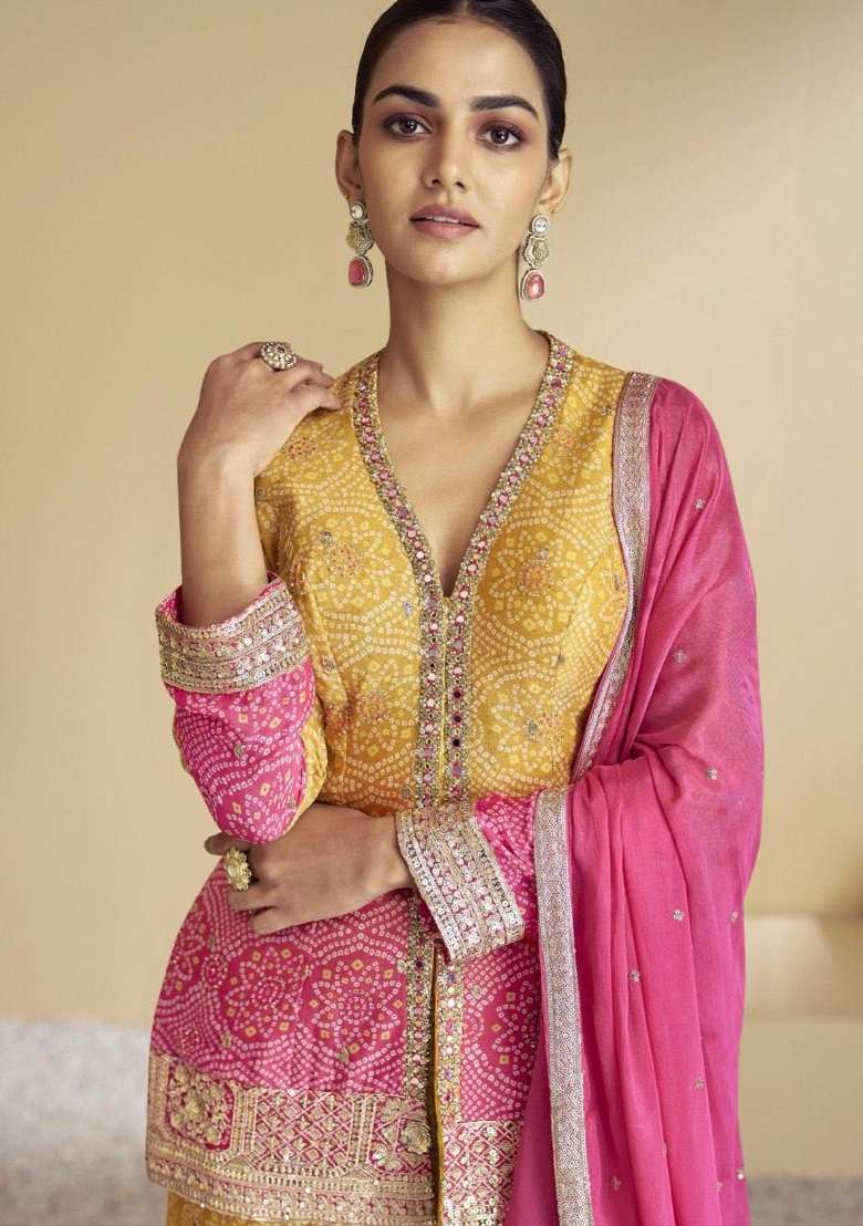 Multicolor Embroidered Chinon Sharara Set - Indya
