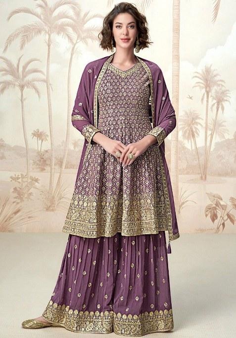 Purple Embroidery Chinon Salwar Kameez