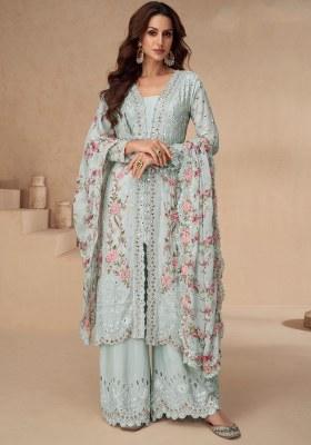 Sky Blue Embroidered Chinon Straight Kurta Set