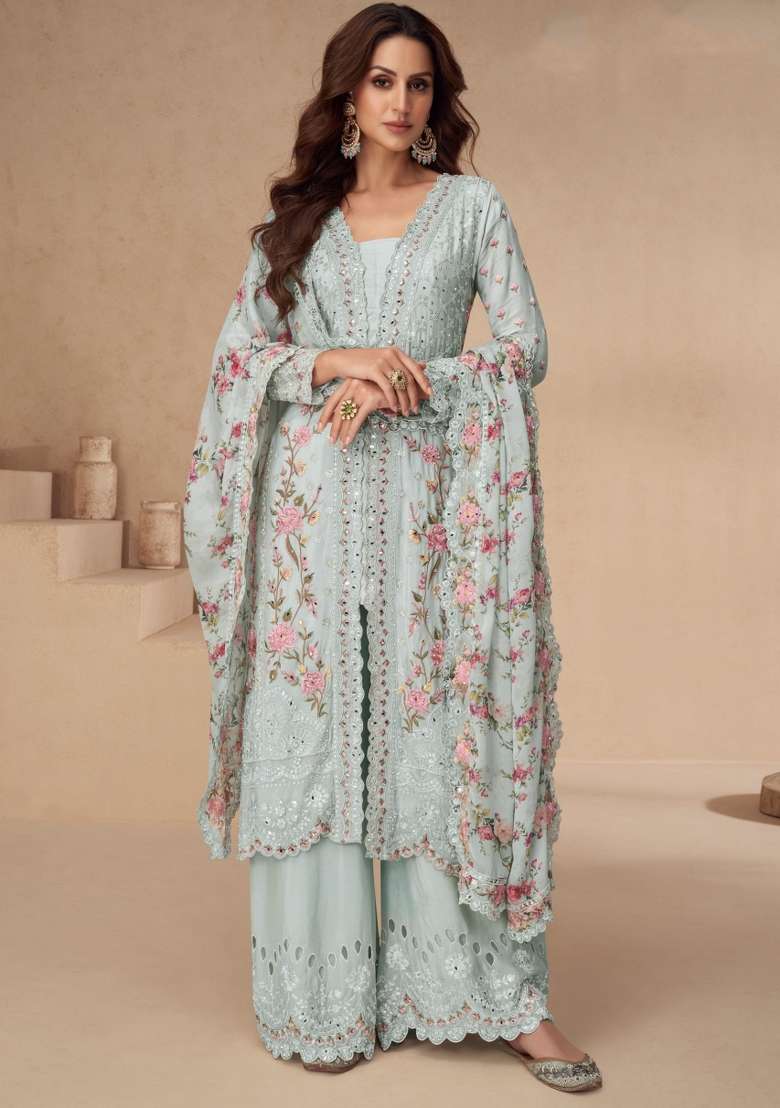 Sky Blue Embroidered Chinon Straight Kurta Set - Indya