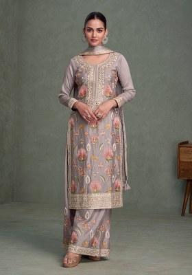 Light Grey Printed Chinon Pakistani Suit Set
