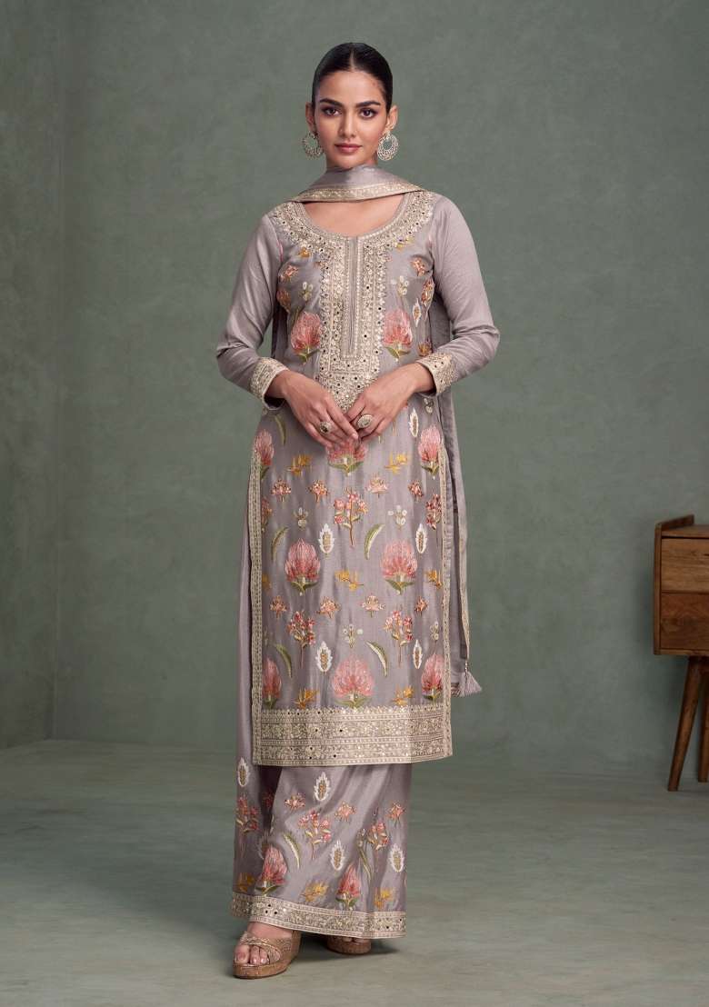 Light Grey Printed Chinon Pakistani Suit Set - Indya