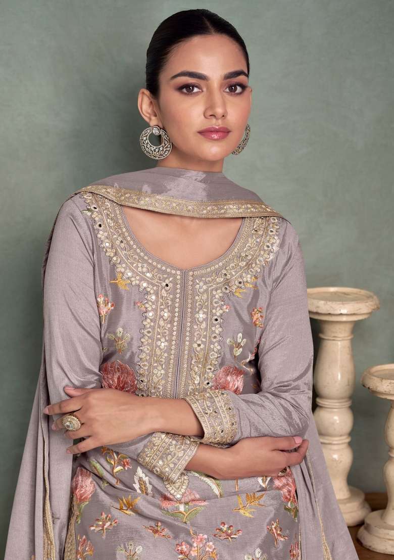 Light Grey Printed Chinon Pakistani Suit Set - Indya