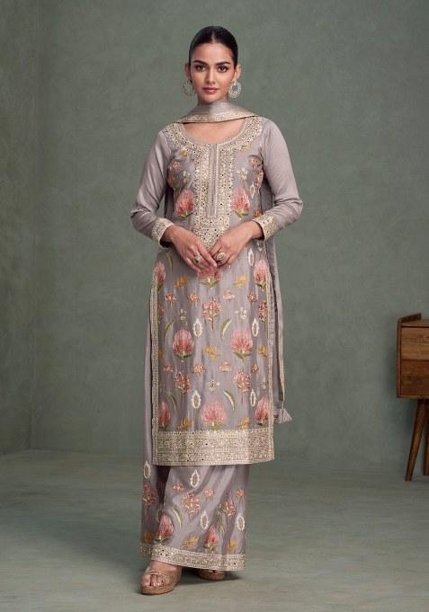Light Grey Embroidery Chinon Salwar Kameez