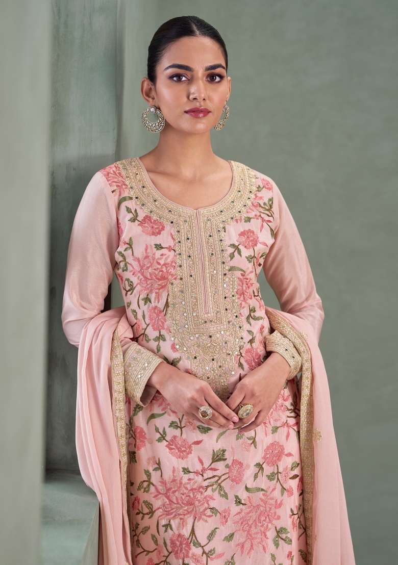 Light Pink Embroidered Chinon Pakistani Suit Set - Indya
