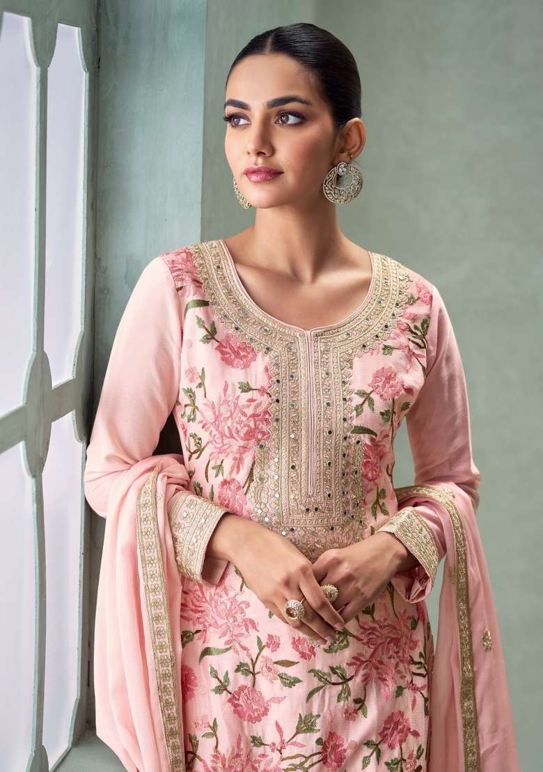 Light Pink Embroidered Chinon Pakistani Suit Set - Indya