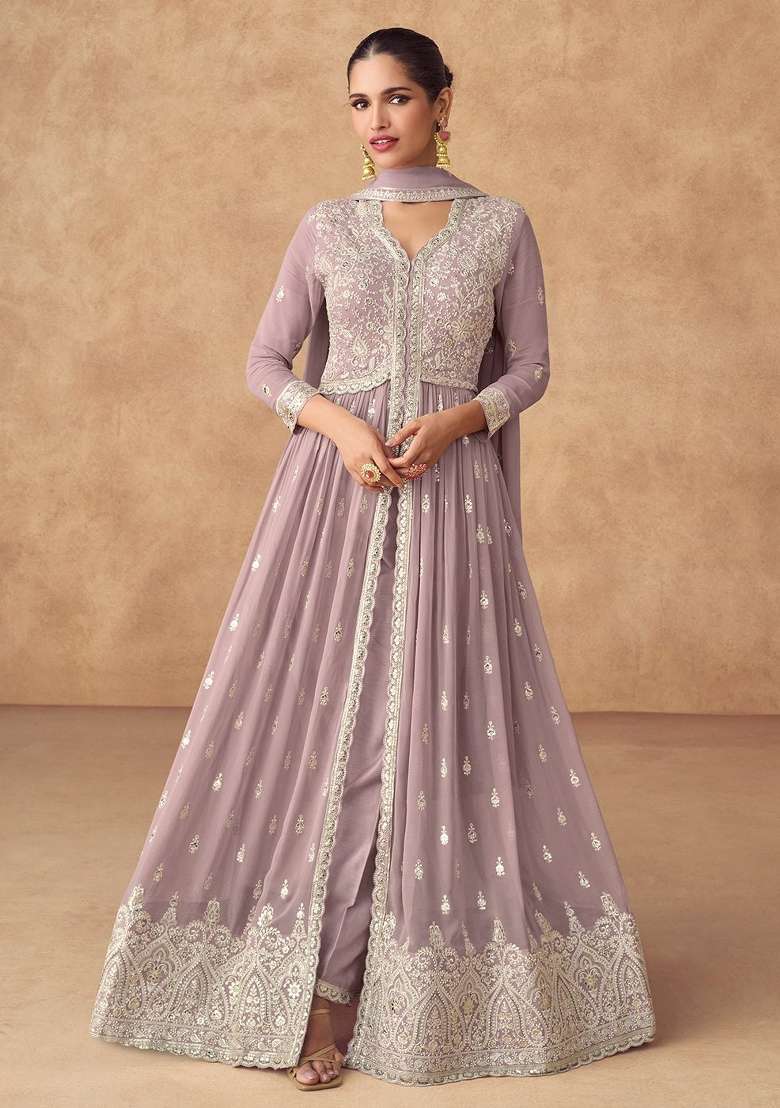 Light Purple Embroidered Silk Blend Anarkali Set - Indya