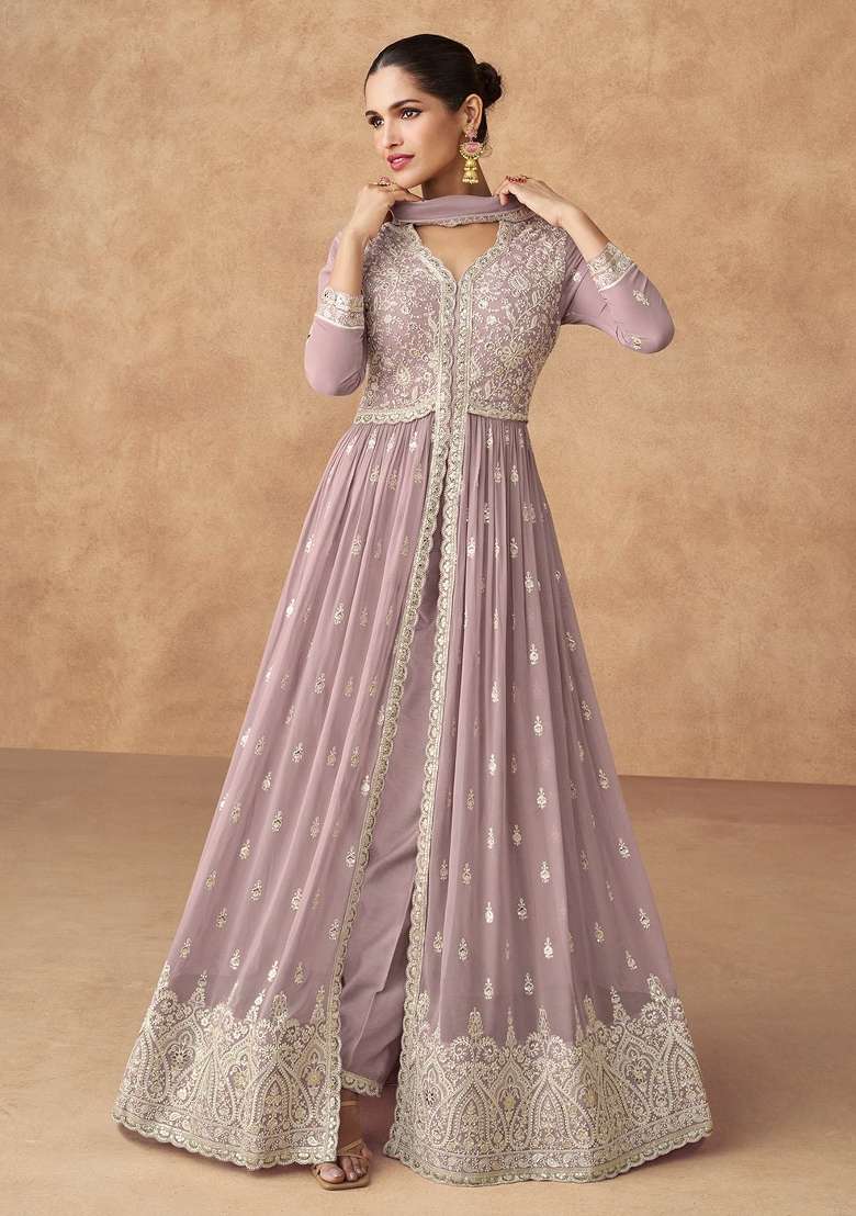 Light Purple Embroidered Silk Blend Anarkali Set - Indya