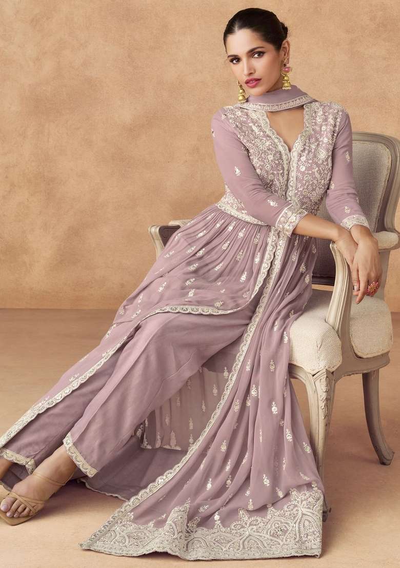 Light Purple Embroidered Silk Blend Anarkali Set - Indya