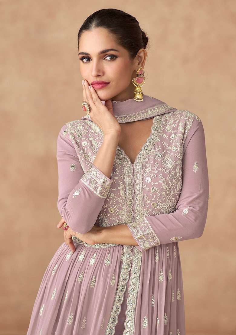 Light Purple Embroidered Silk Blend Anarkali Set - Indya