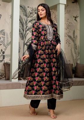 Black Embroidered Cotton Anarkali Set
