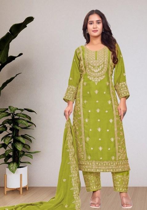 Green Embroidery Chinon Salwar Kameez