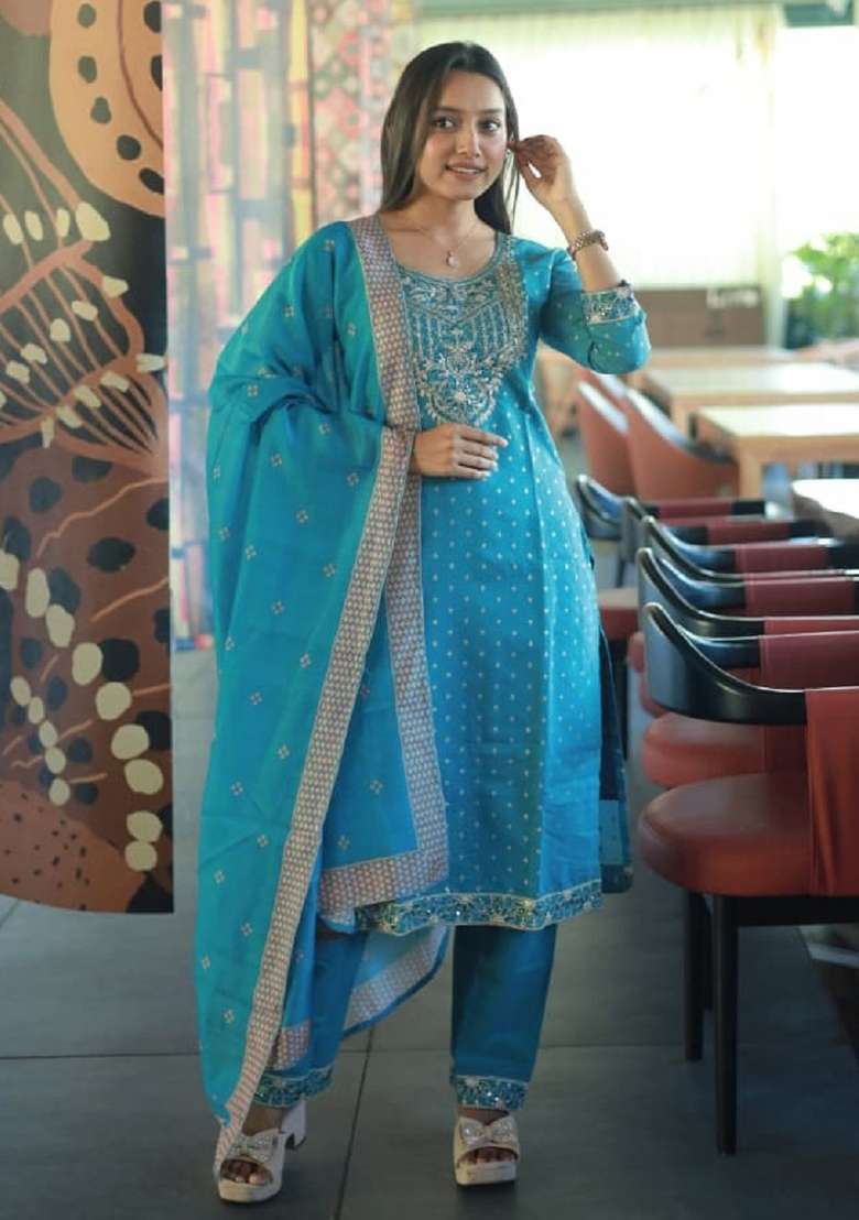 Sky Blue Embroidered Chanderi Straight Kurta Set - Indya
