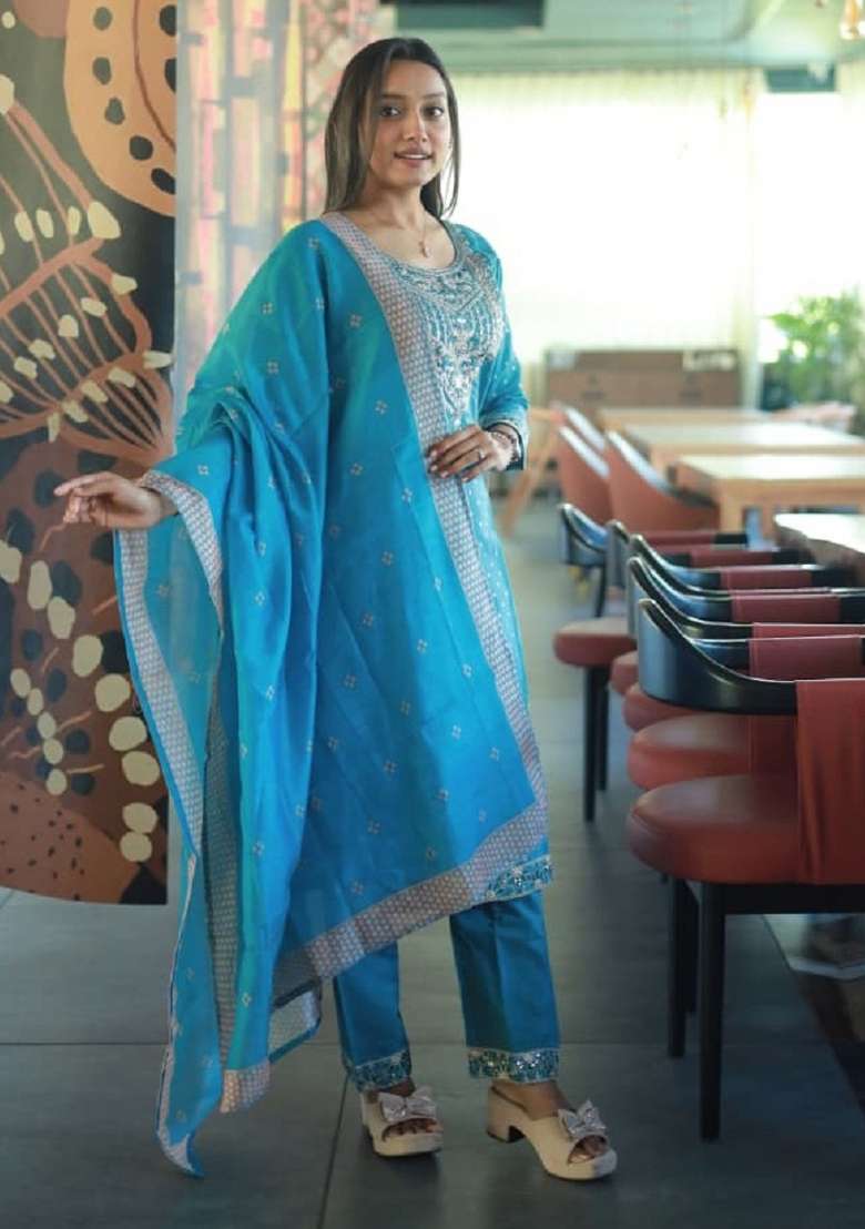 Sky Blue Embroidered Chanderi Straight Kurta Set - Indya