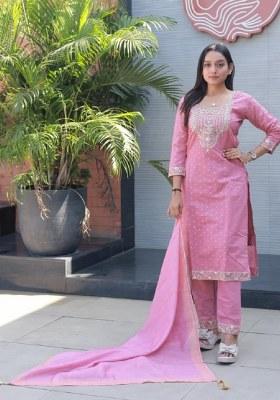 Baby Pink Jacquard Chanderi Straight Kurta Set