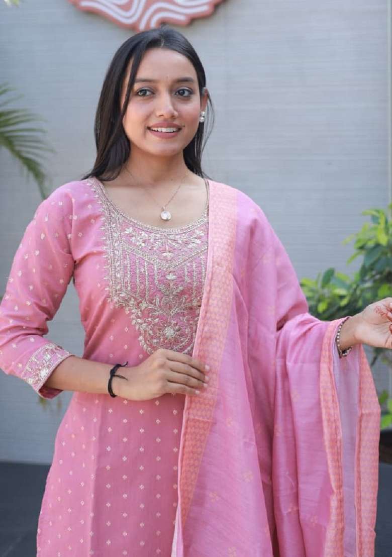 Baby Pink Jacquard Chanderi Straight Kurta Set - Indya