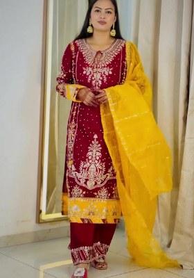 Pink Embroidered Chinon Straight Kurta Set