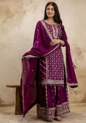 Wine Embroidered Chinon Sharara Set