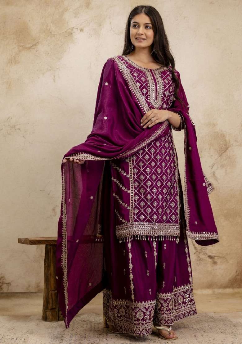 Wine Embroidered Chinon Sharara Set - Indya