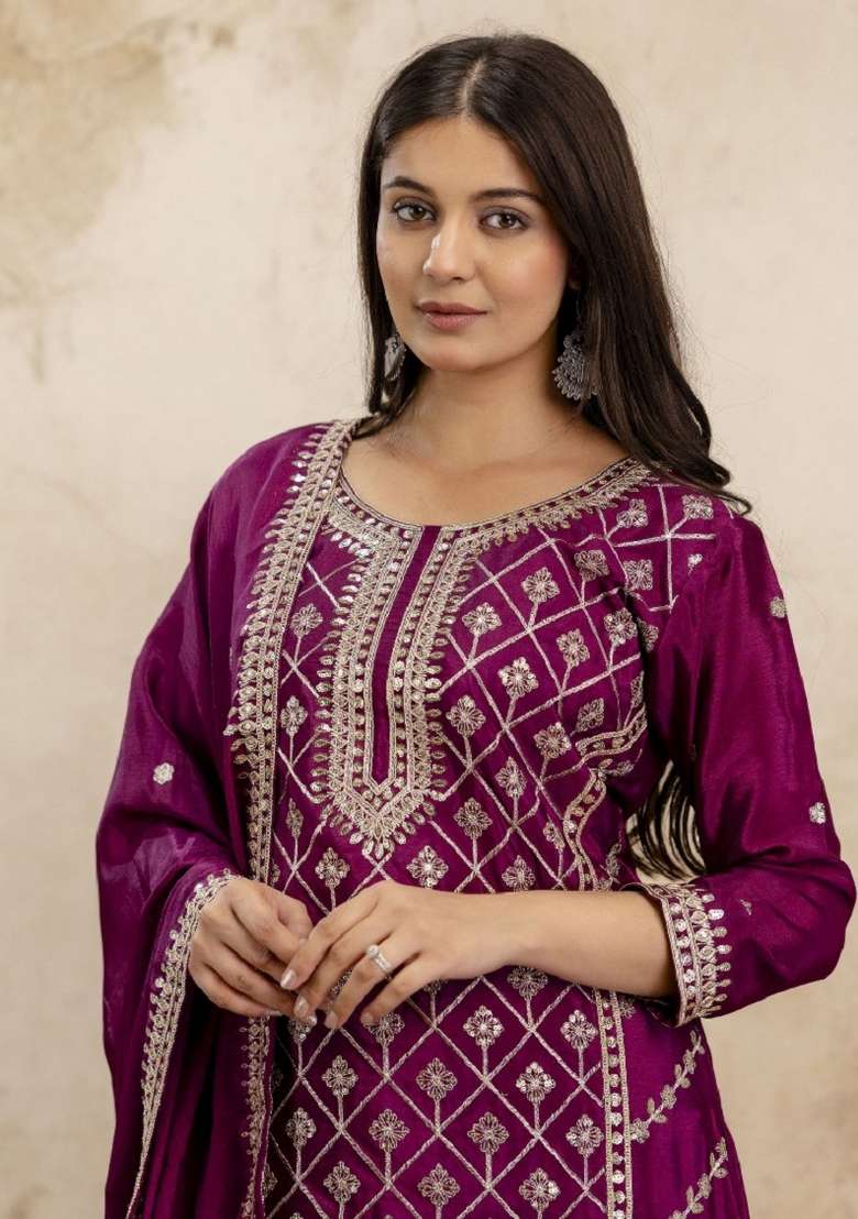 Wine Embroidered Chinon Sharara Set - Indya