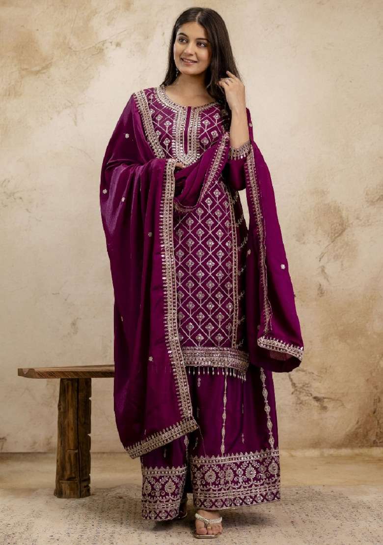 Wine Embroidered Chinon Sharara Set - Indya
