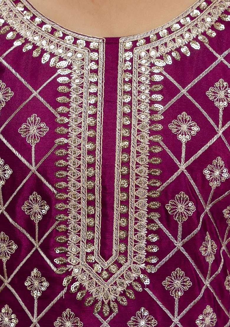 Wine Embroidered Chinon Sharara Set - Indya