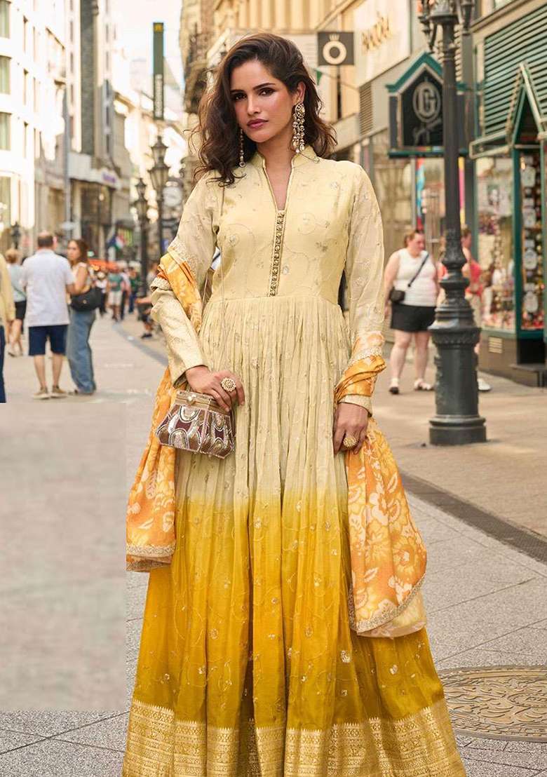 Mustard Yellow Ombre Embroidery Silk Blend Salwar Kameez - Indya