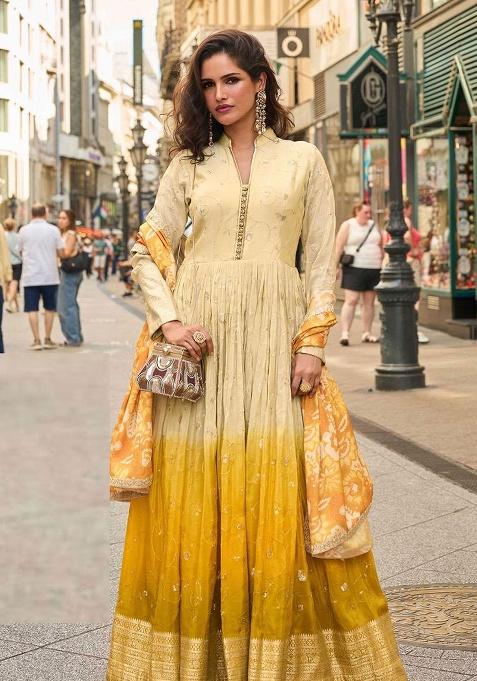 Mustard Yellow Ombre Embroidery Silk Salwar Kameez