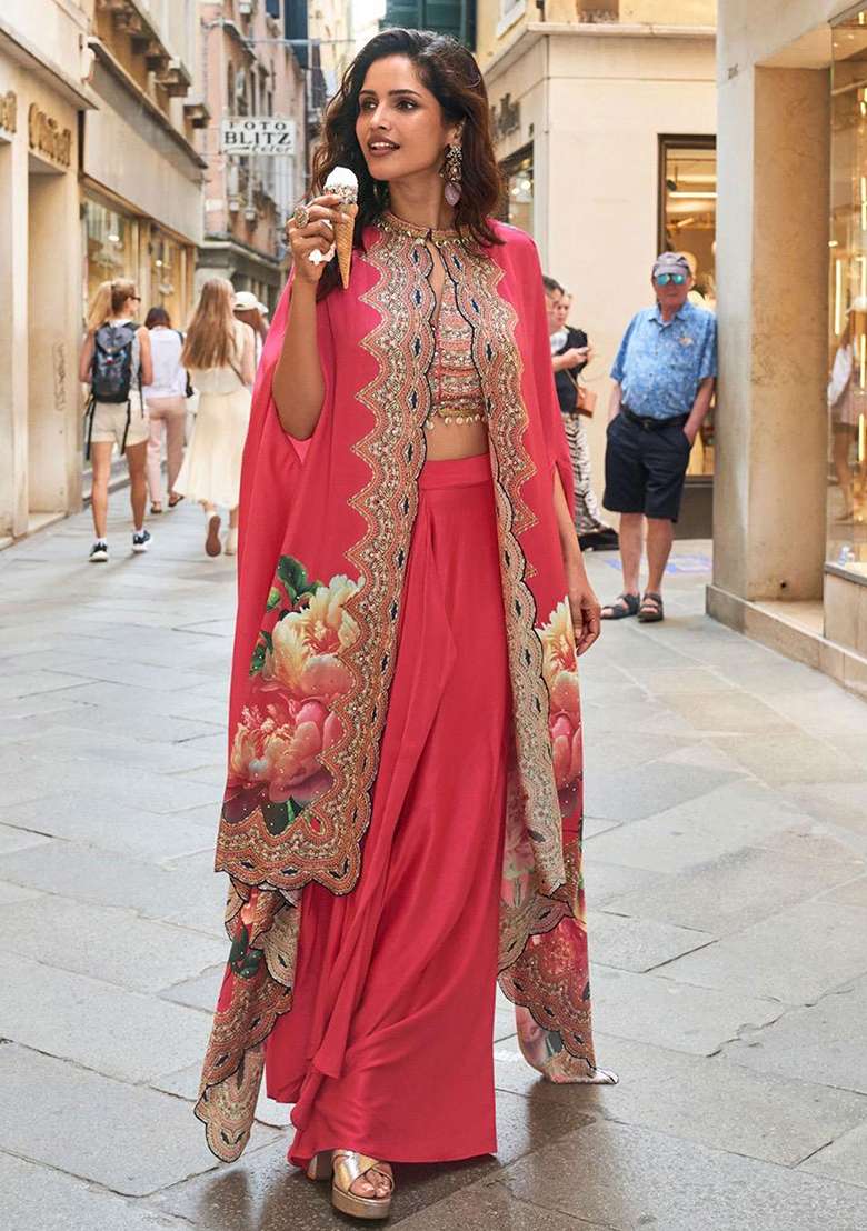 Red Embroidery Crepe Salwar Kameez - Indya
