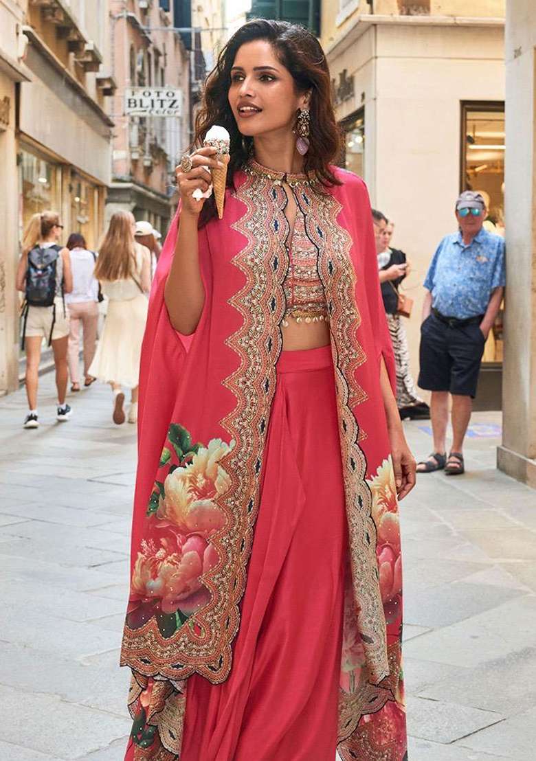 Red Embroidery Crepe Salwar Kameez - Indya