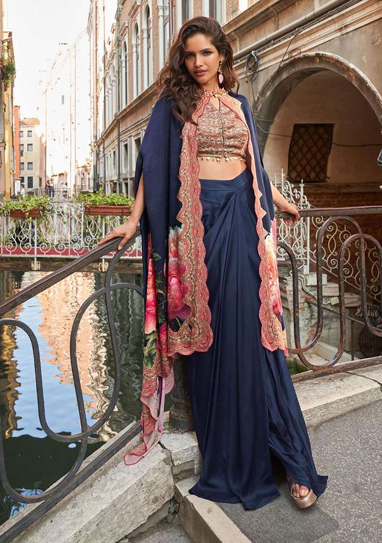 Navy Blue Embroidery Crepe Salwar Kameez - Indya