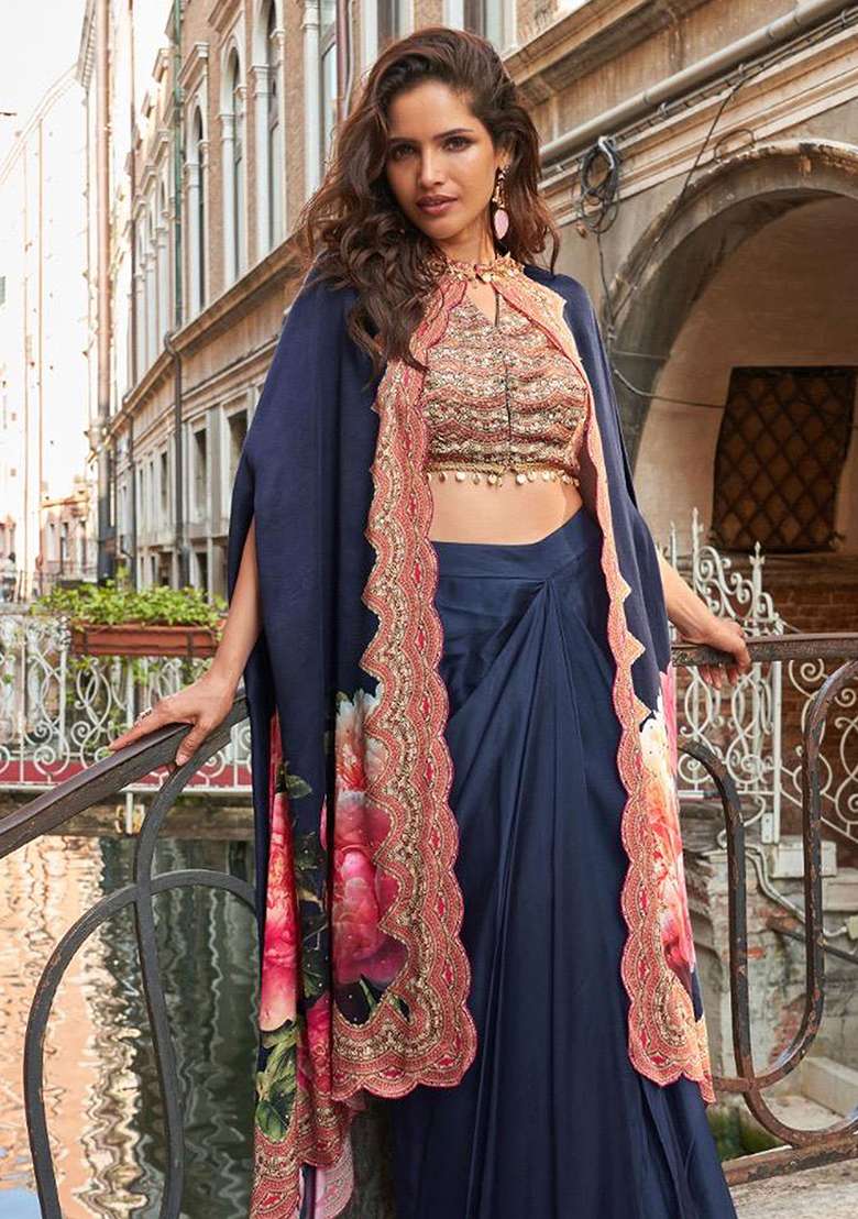 Navy Blue Embroidery Crepe Salwar Kameez - Indya