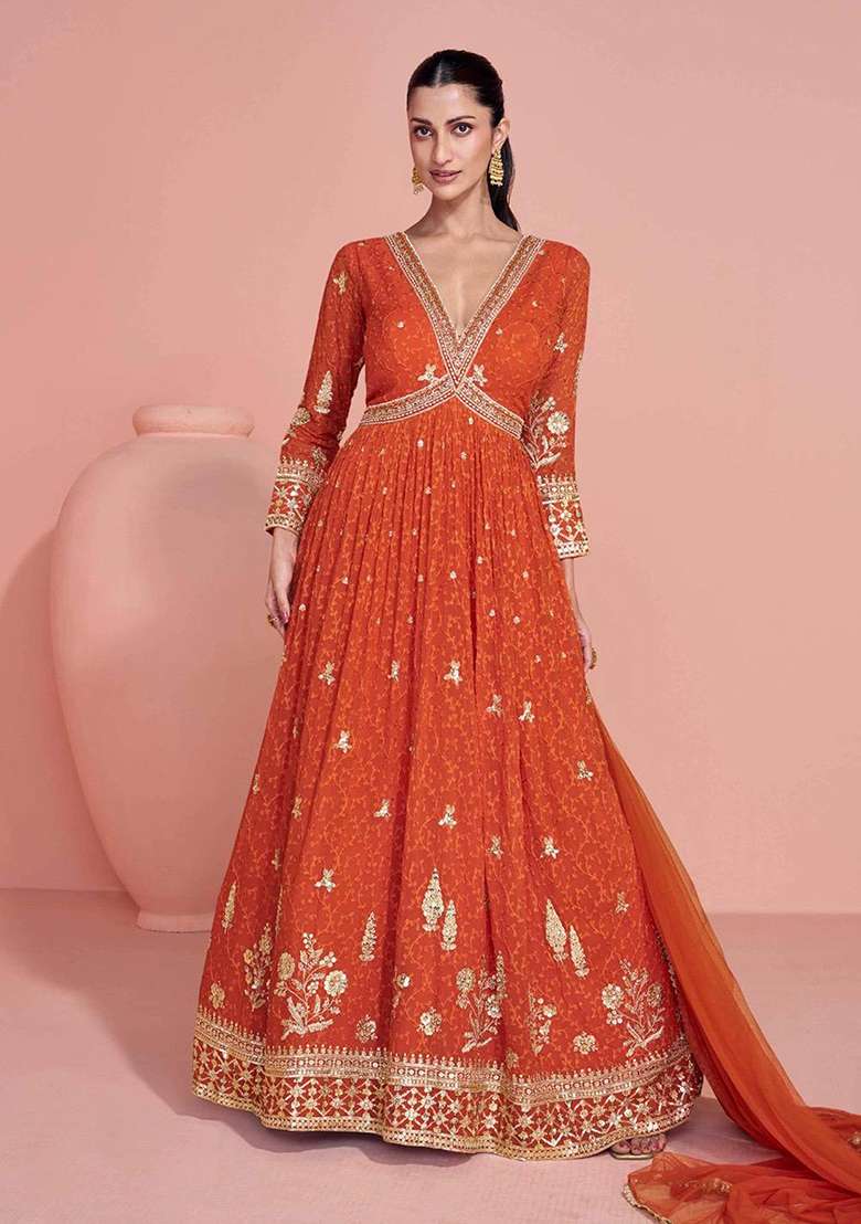 Rust Orange Embroidery Georgette Salwar Kameez - Indya