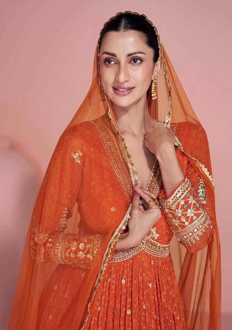 Rust Orange Embroidery Georgette Salwar Kameez - Indya