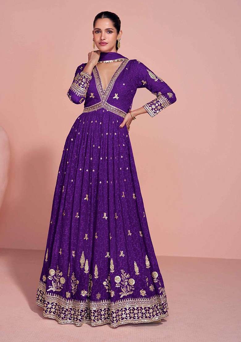 Royal Purple Embroidery Georgette Salwar Kameez - Indya