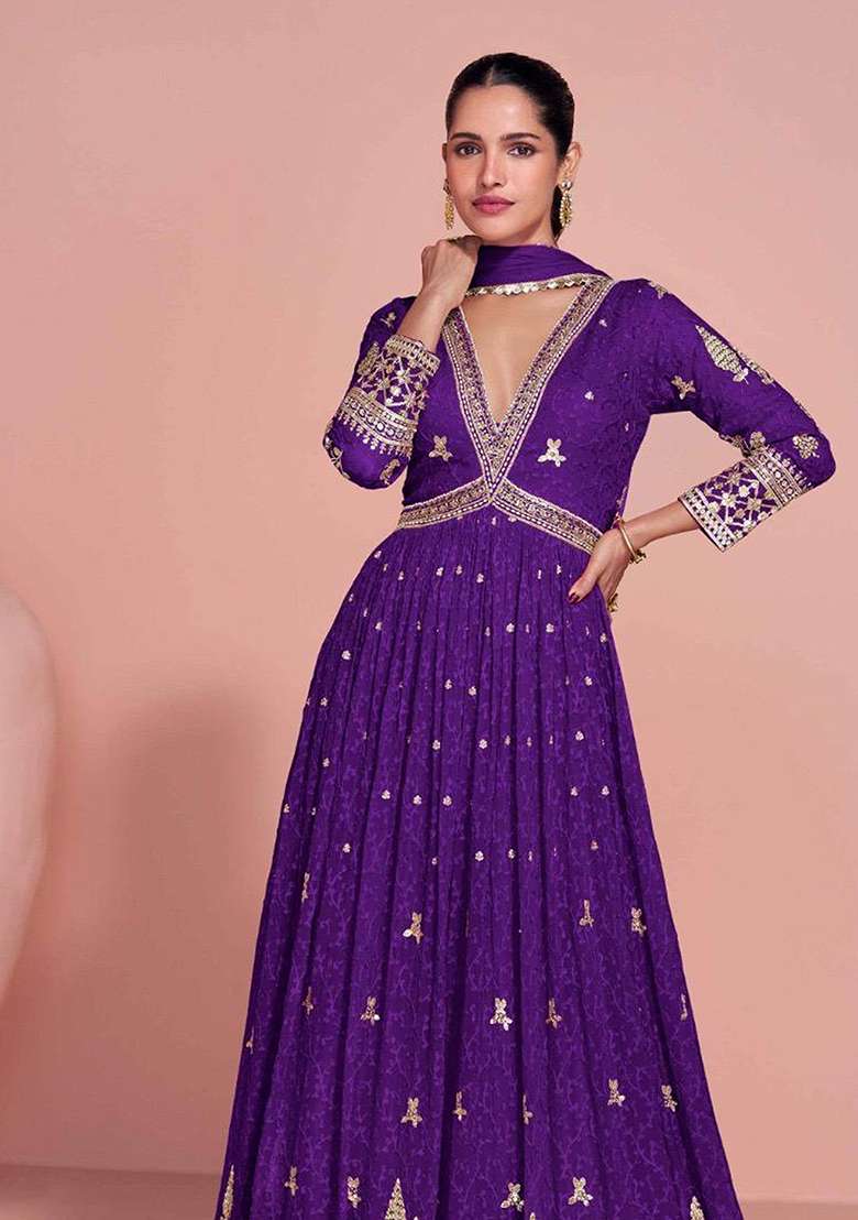 Royal Purple Embroidery Georgette Salwar Kameez - Indya