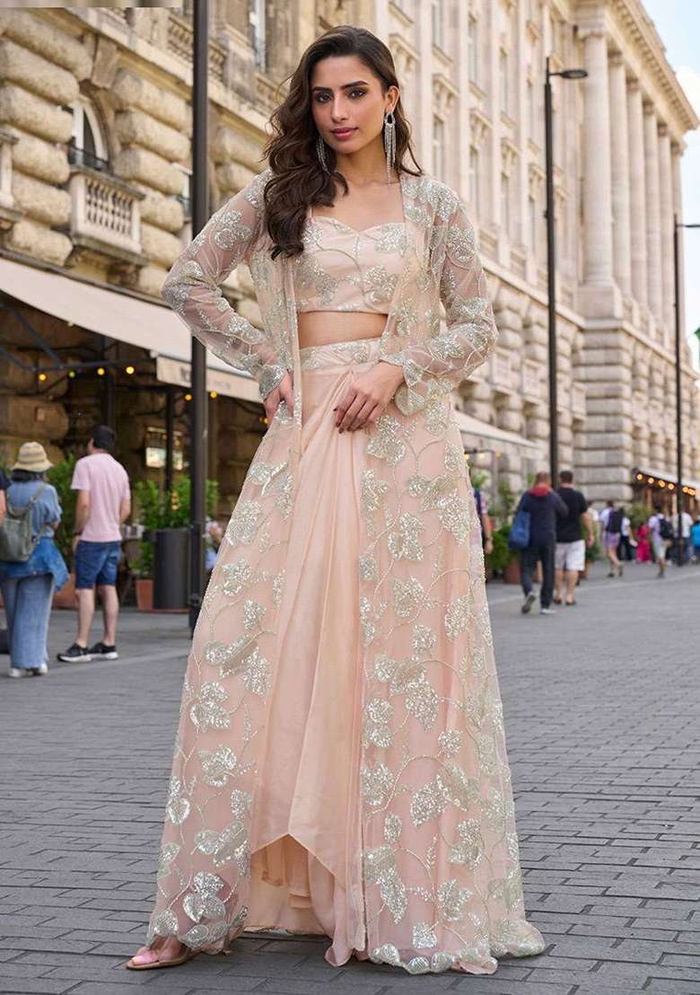 Soft Peach Embroidery Crepe Salwar Kameez - Indya
